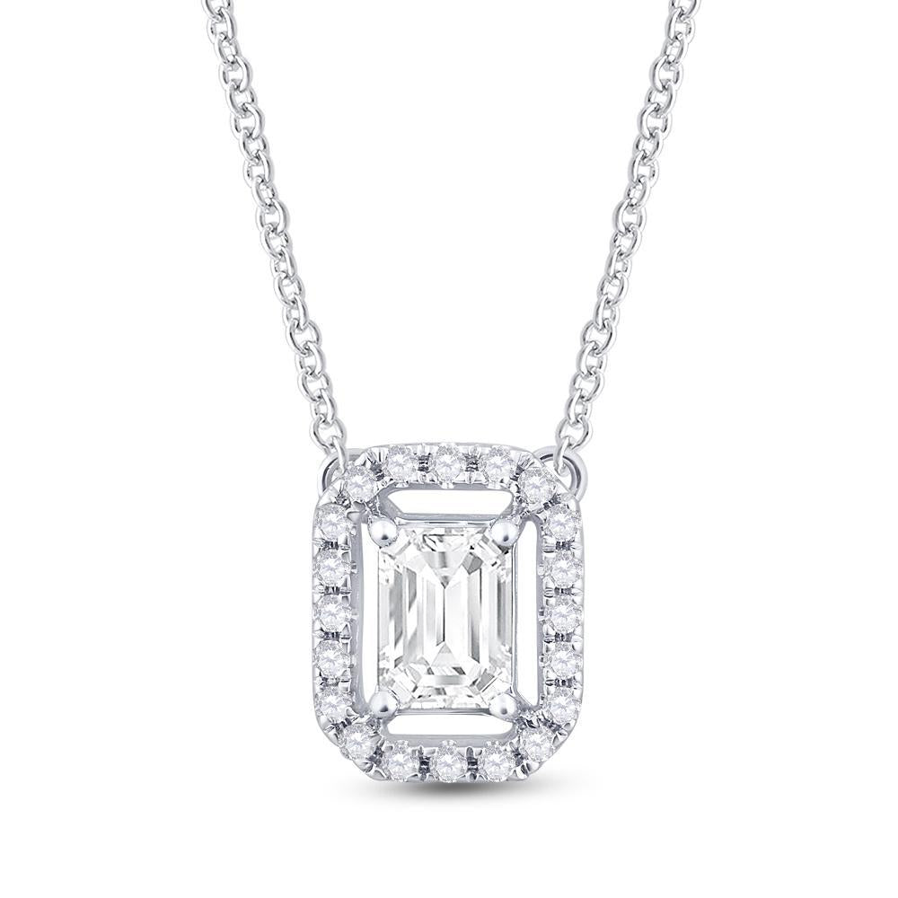 14kt White Gold Womens Emerald Diamond Solitaire Necklace 5/8 Cttw