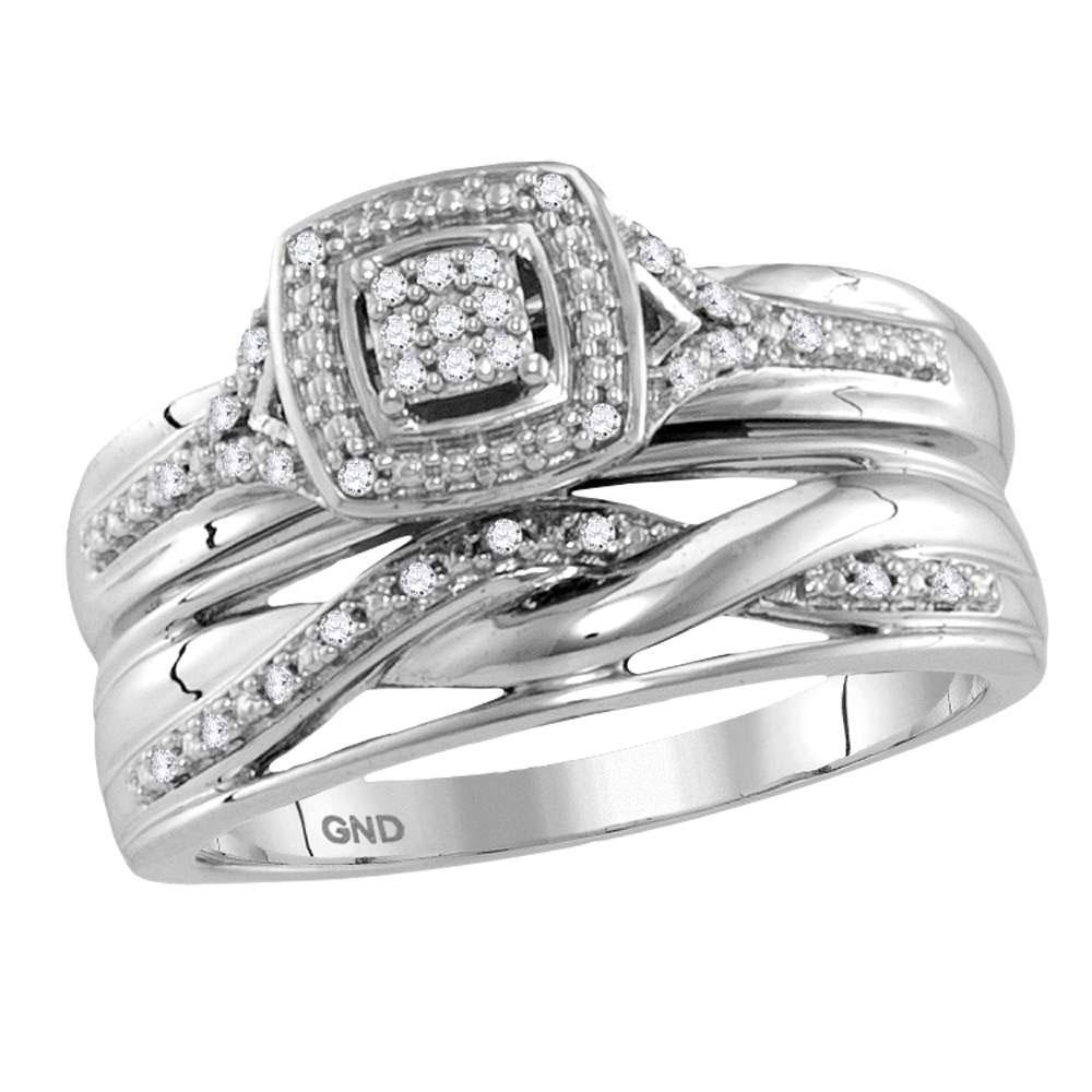 10kt White Gold His Hers Round Diamond Cluster TRIO  Set 1/10 Cttw