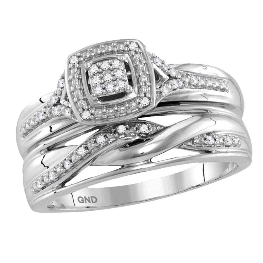 10kt White Gold His Hers Round Diamond Cluster Matching Wedding Set 1/10 Cttw