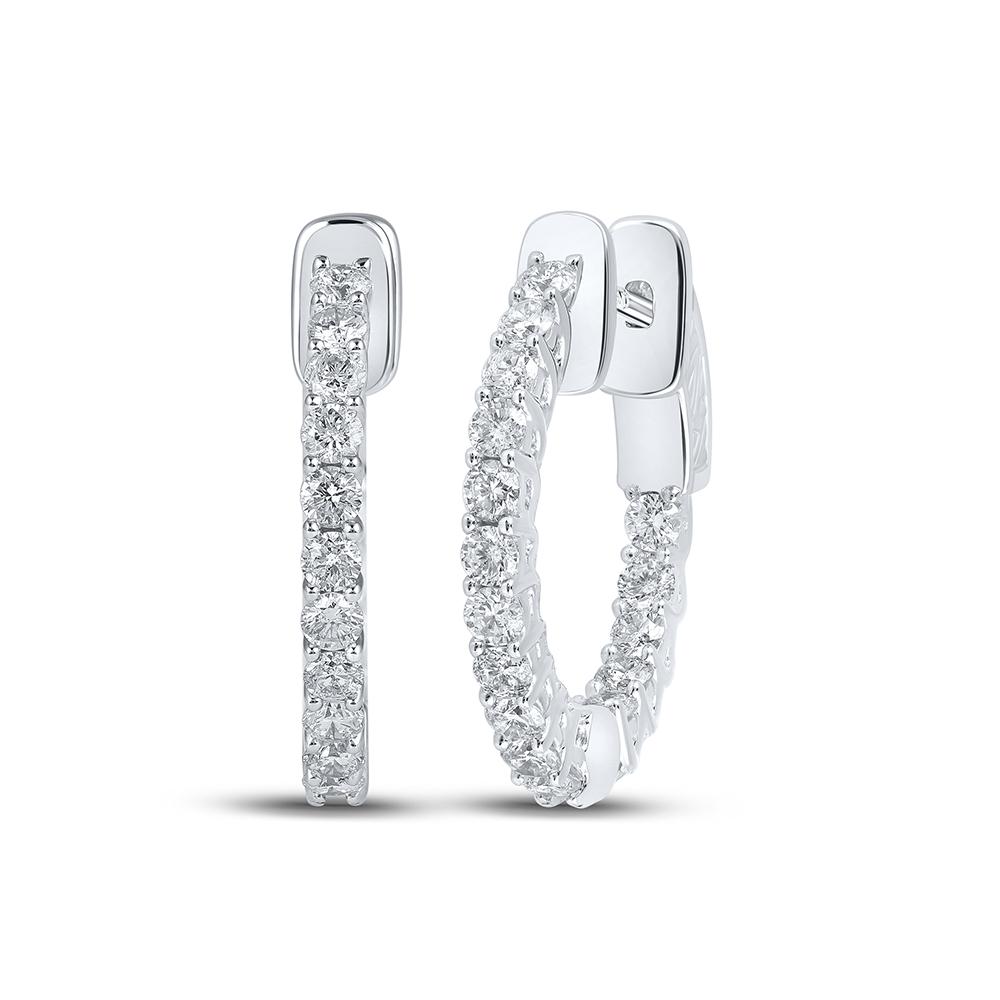 14kt White Gold Womens Round Diamond In Out Hoop Earrings 1 Cttw