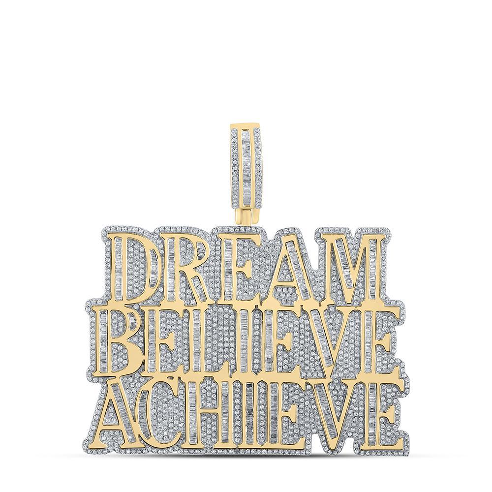 10kt Yellow Gold Mens Baguette Diamond Dream Believe Achieve Phrase Charm Pendant 4-1/2 Cttw