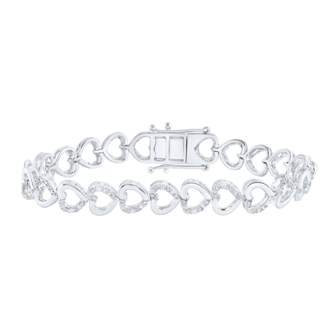 Sterling Silver Womens Round Diamond Heart Bracelet 1/4 Cttw