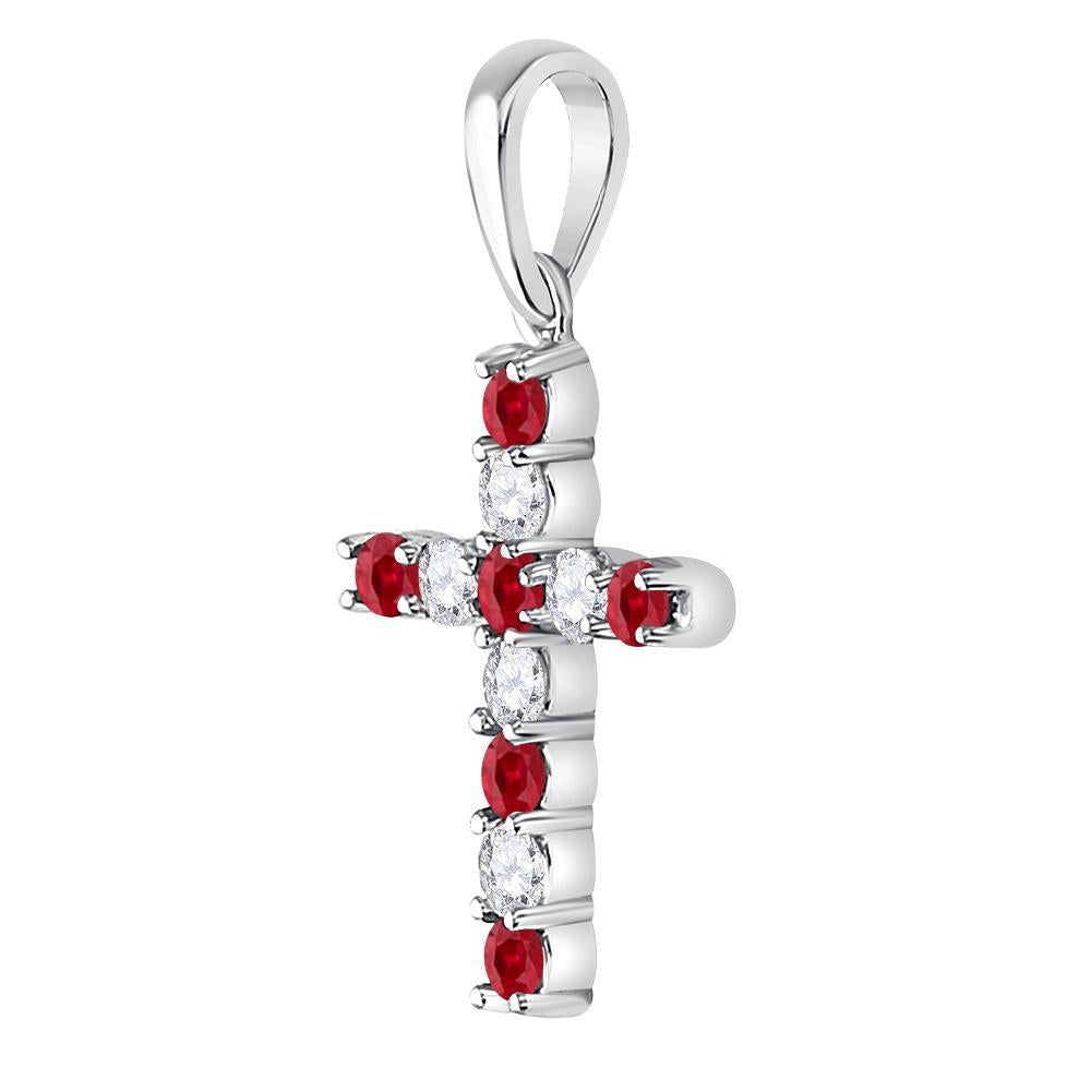 10kt White Gold Womens Round Synthetic Ruby Faith Cross Pendant 3/8 Cttw