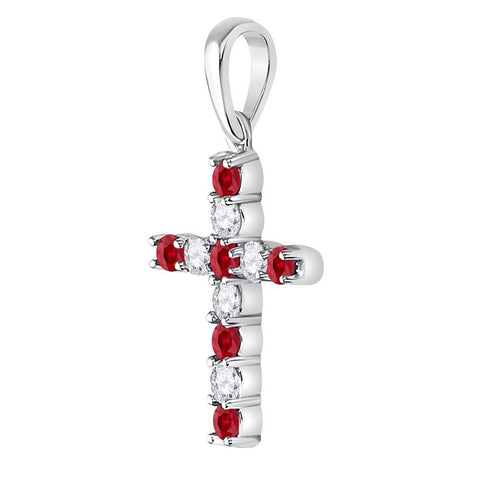 10kt White Gold Womens Round Synthetic Ruby Faith Cross Pendant 3/8 Cttw