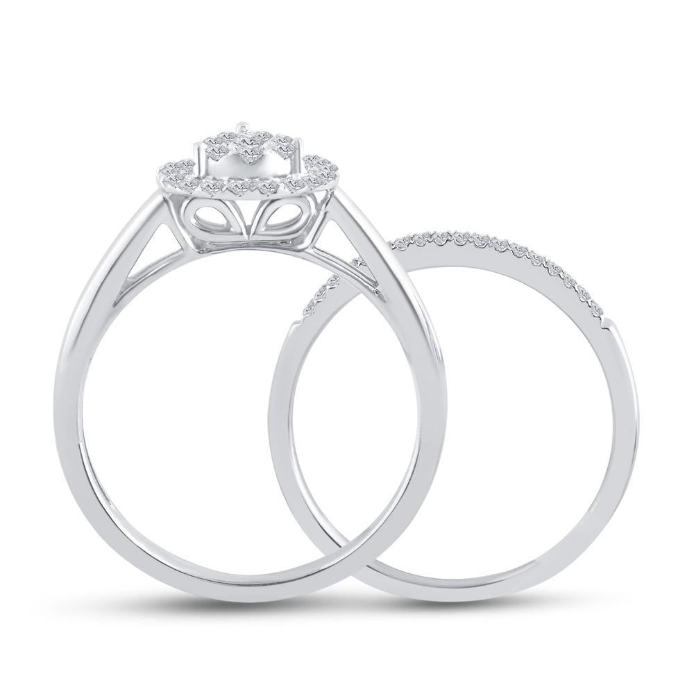 14k White Gold Round Diamond Teardrop Cluster 3-Piece Bridal Wedding Ring Band Set 1/2 Cttw