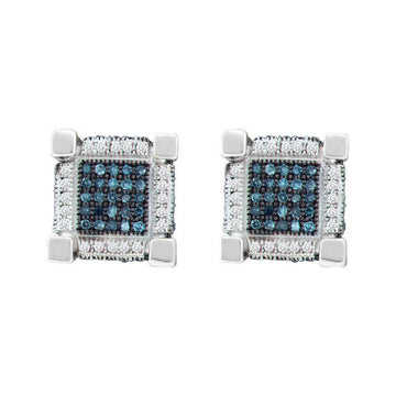 10kt White Gold Mens Round Blue Color Enhanced Diamond 3D Cube Square Earrings 3/4 Cttw