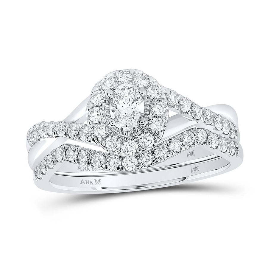 14kt White Gold Oval Diamond Halo Bridal Wedding Ring Band Set 3/4 Cttw