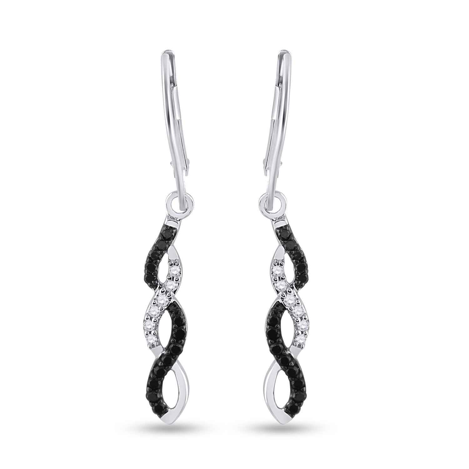 14kt White Gold Womens Round Black Color Enhanced Diamond Twist Dangle Earrings 1/3 Cttw