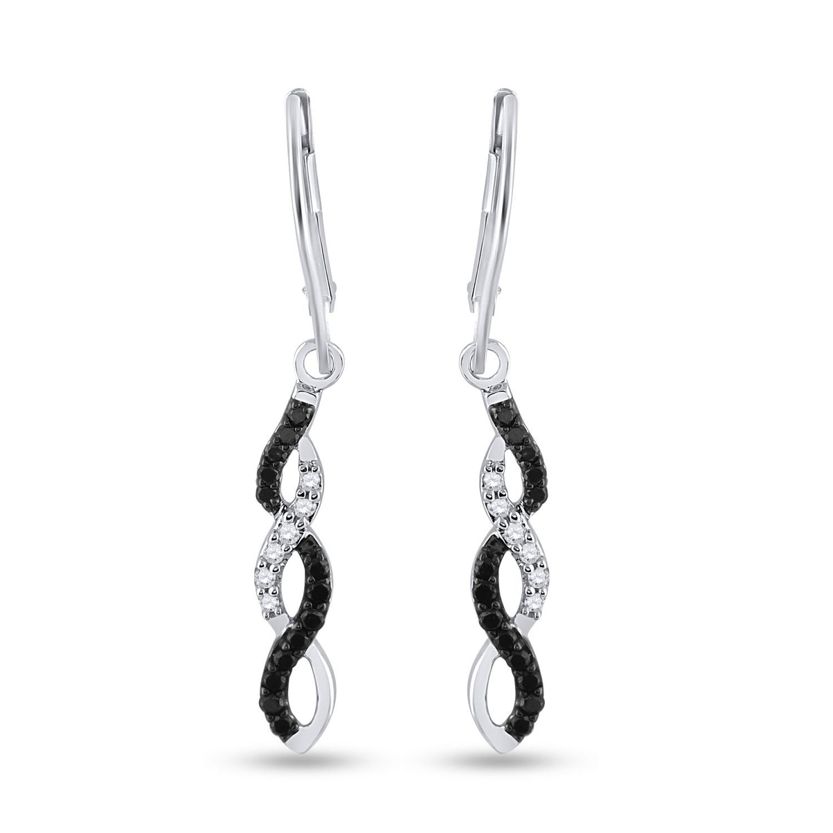 14kt White Gold Womens Round Black Color Enhanced Diamond Twist Dangle Earrings 1/3 Cttw
