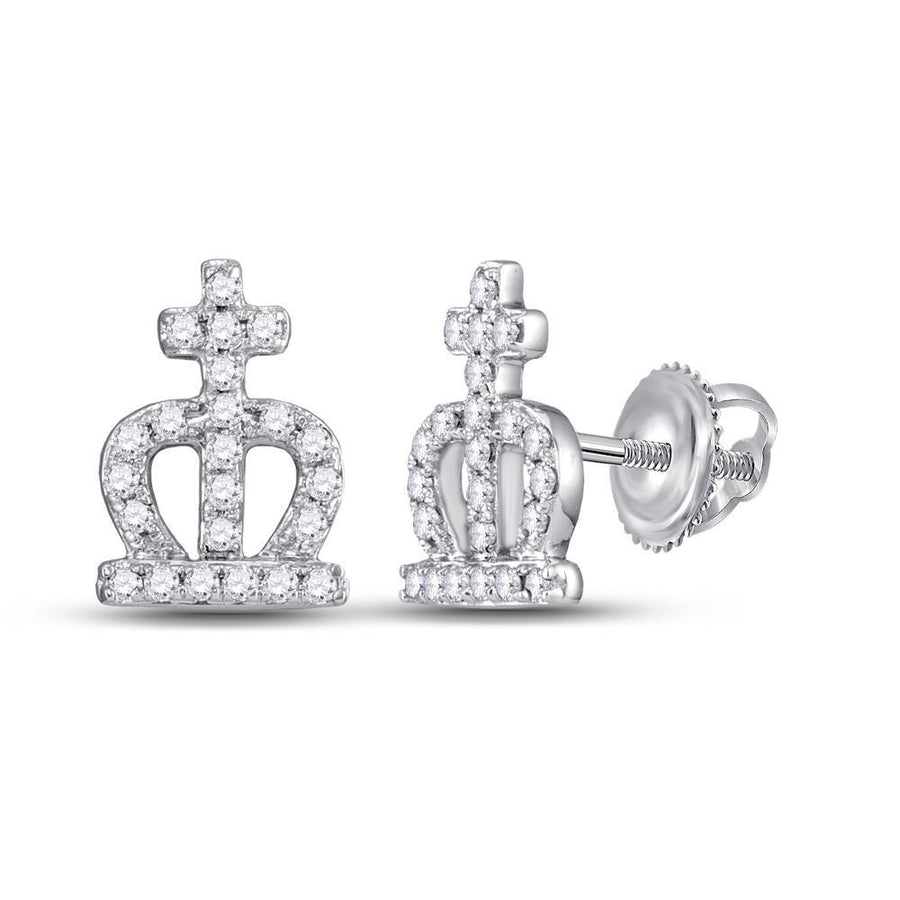 14kt White Gold Womens Round Diamond Crown Cross Stud Earrings 1/6 Cttw