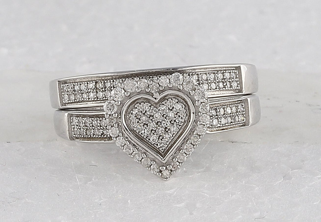 Sterling Silver Round Diamond Heart Bridal Wedding Ring Band Set 3/8 Cttw