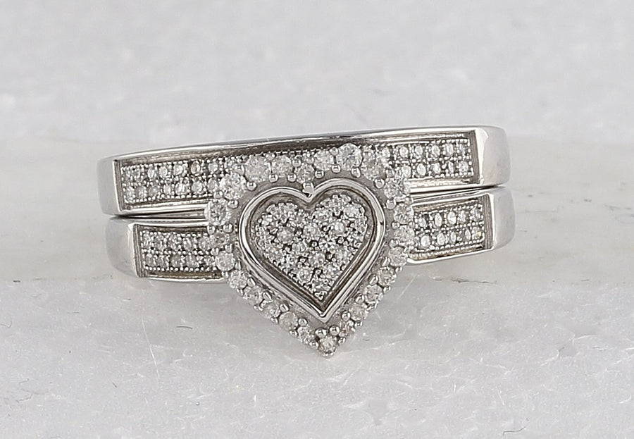 Sterling Silver Round Diamond Heart Bridal Wedding Ring Band Set 3/8 Cttw