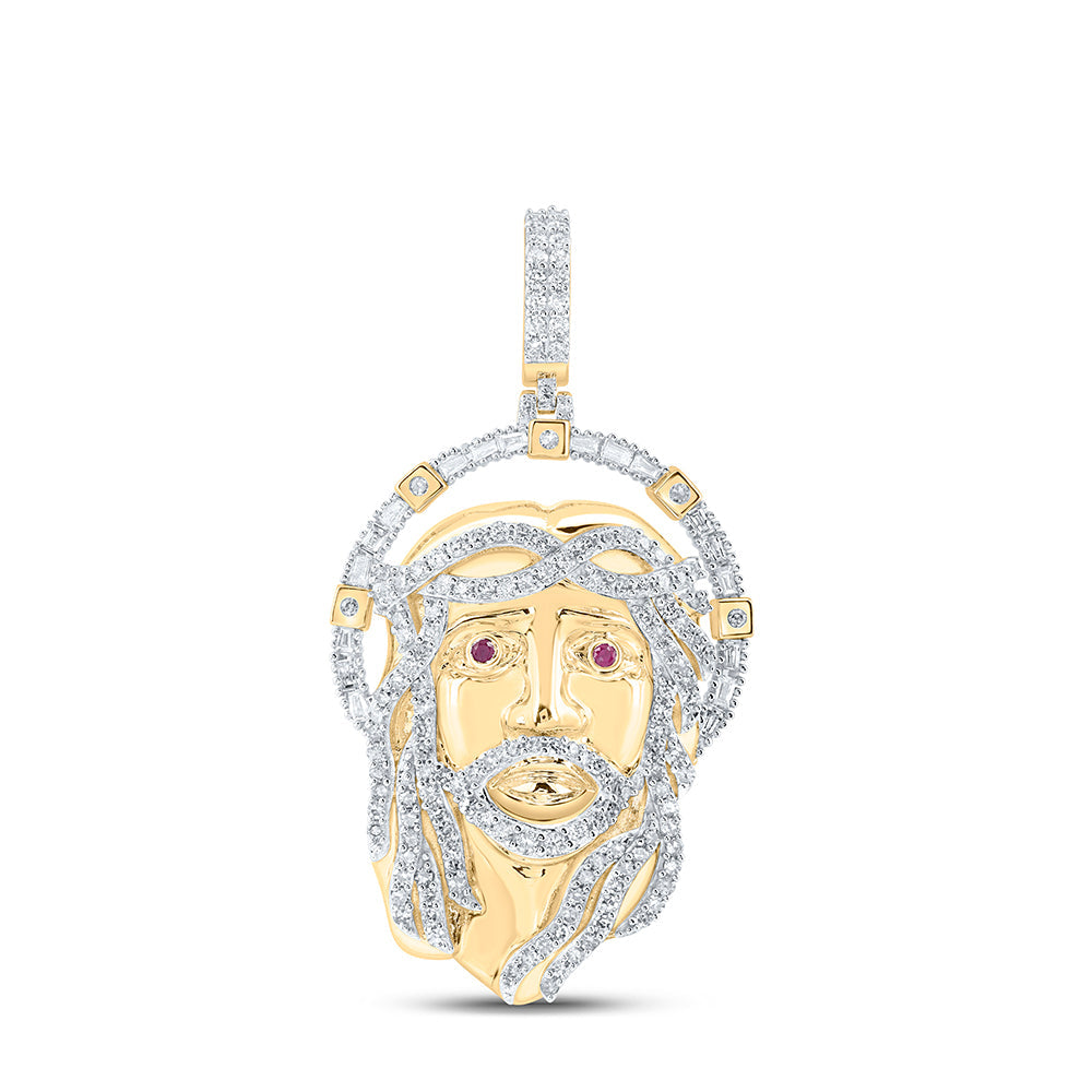 10kt Yellow Gold Mens Round Diamond Ruby Jesus Face Charm Pendant 1-3/4 Cttw