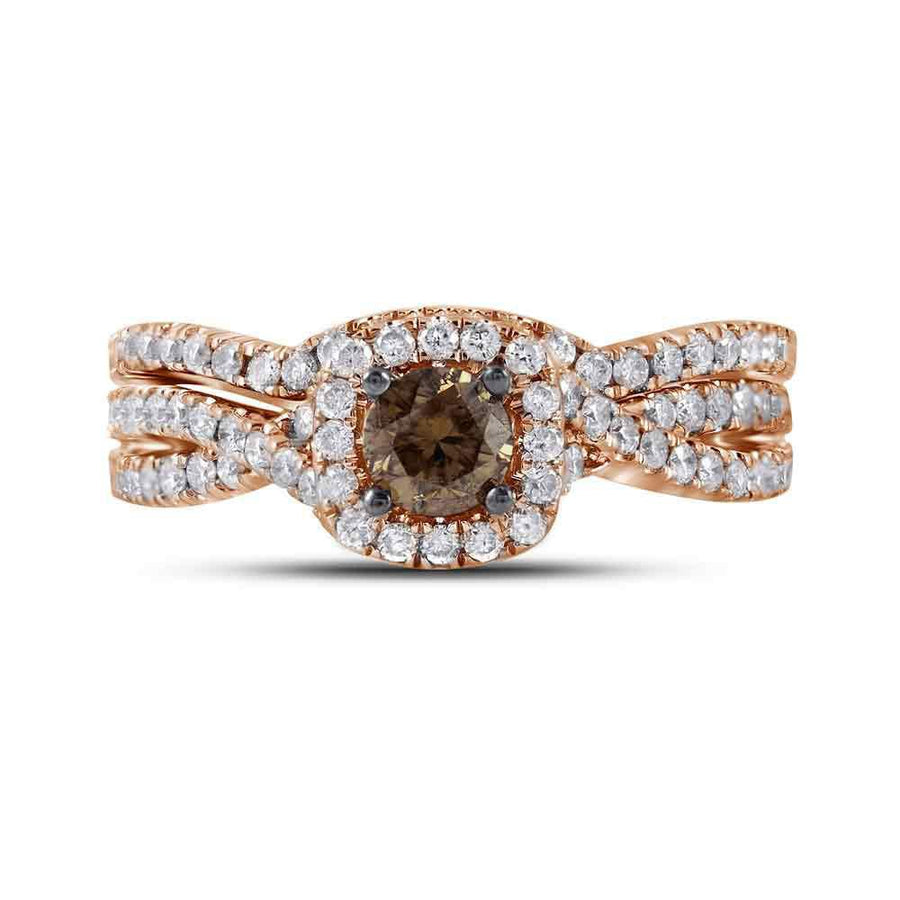 14kt Rose Gold Womens Round Brown Diamond Bridal Wedding Ring Band Set 1Cttw