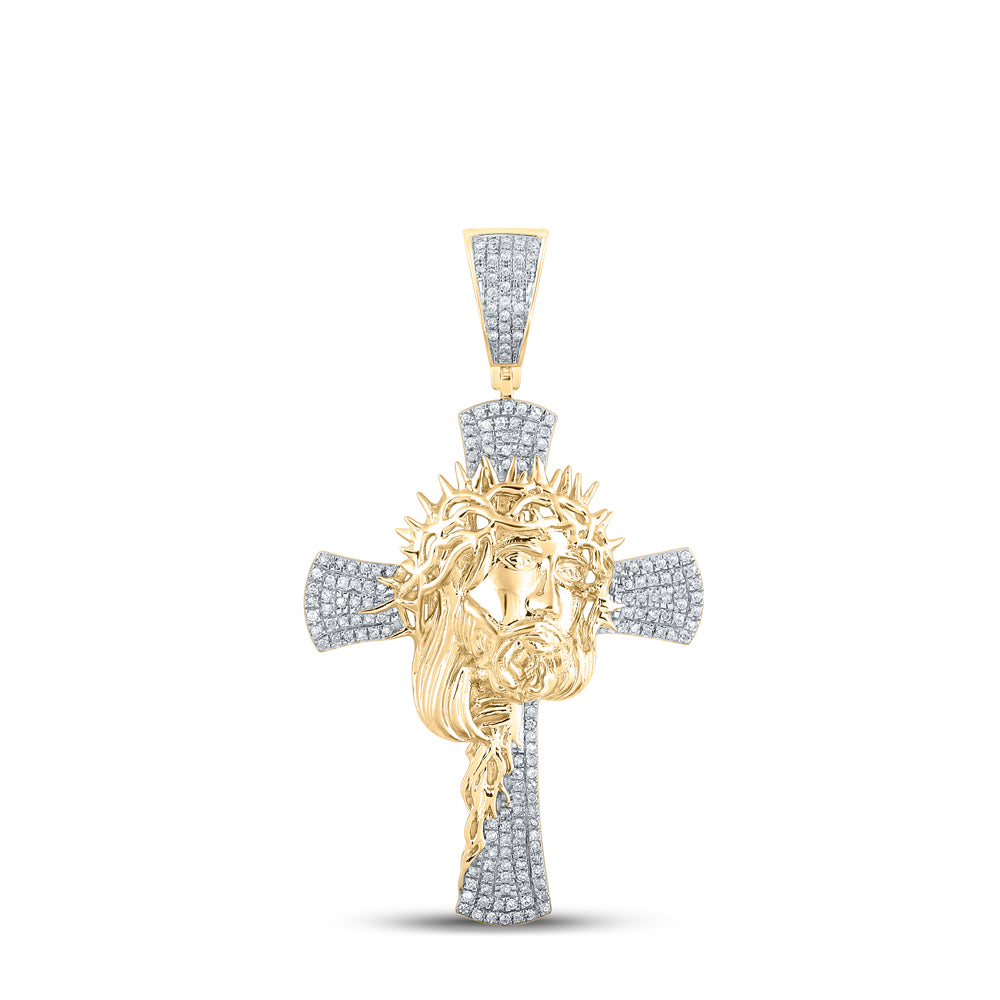 10kt Yellow Gold Mens Round Diamond Jesus Cross Charm Pendant 1/2 Cttw
