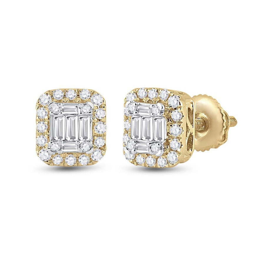 14kt Yellow Gold Womens Baguette Diamond Square Cluster Earrings 1/2 Cttw
