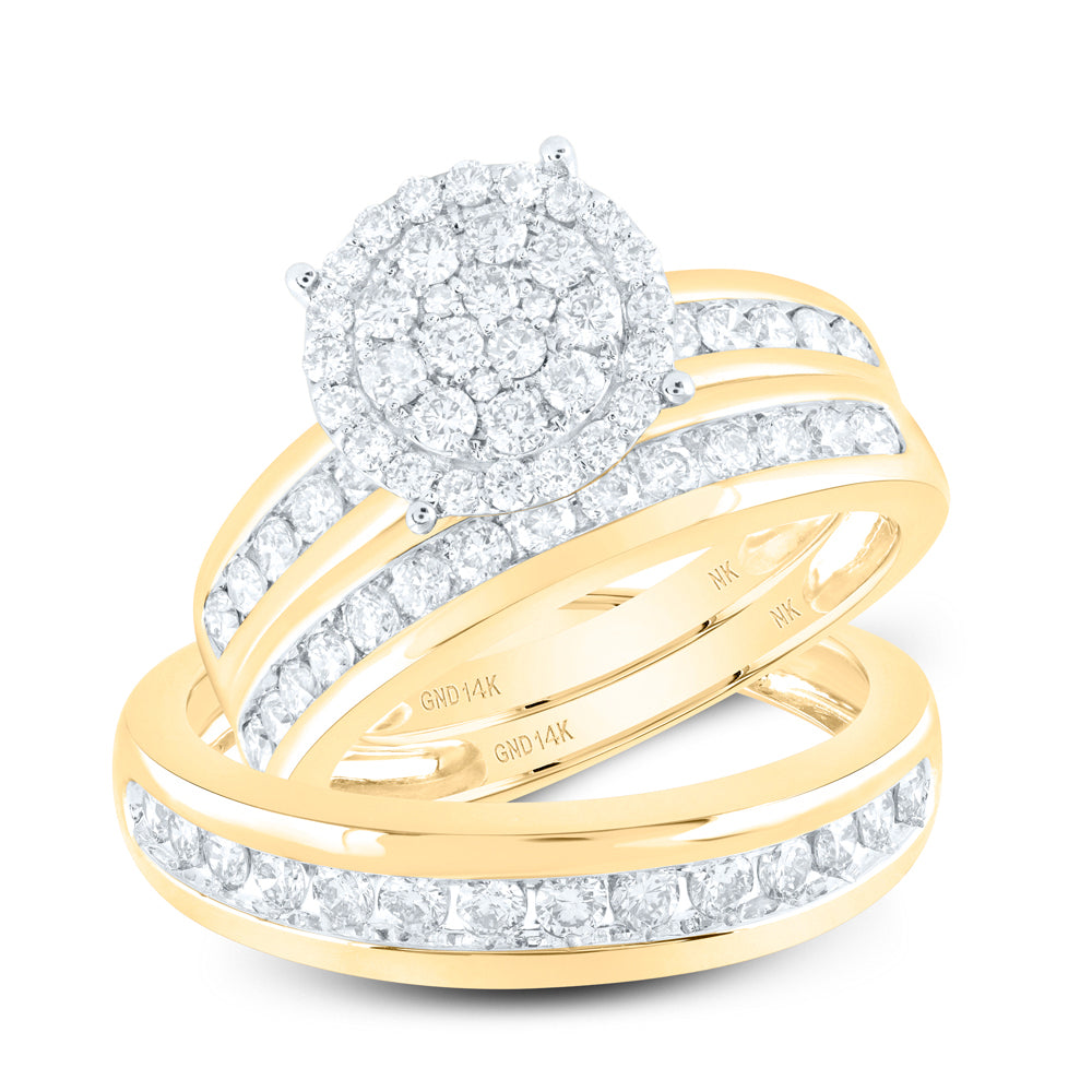 14kt Yellow Gold His Hers Round Diamond Cluster Matching Wedding Set 1-1/2 Cttw