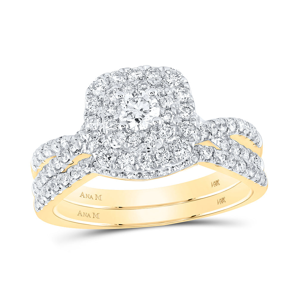 14kt Yellow Gold Round Diamond Halo Bridal Wedding Ring Band Set 1 Cttw