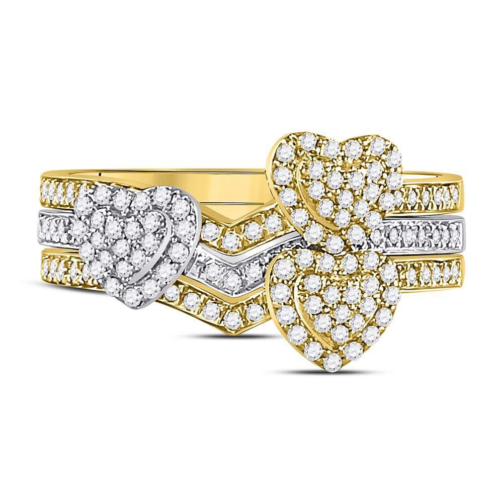 10kt Two-tone Gold Womens Round Diamond 3-Piece Heart Ring 1/2 Cttw