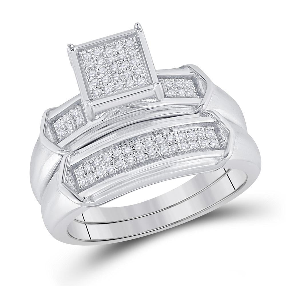 Sterling Silver His Hers Round Diamond Cluster Matching Wedding Set 1/3 Cttw