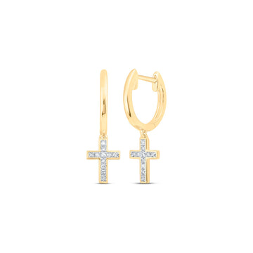 10kt Yellow Gold Womens Round Diamond Cross Dangle Earrings 1/20 Cttw