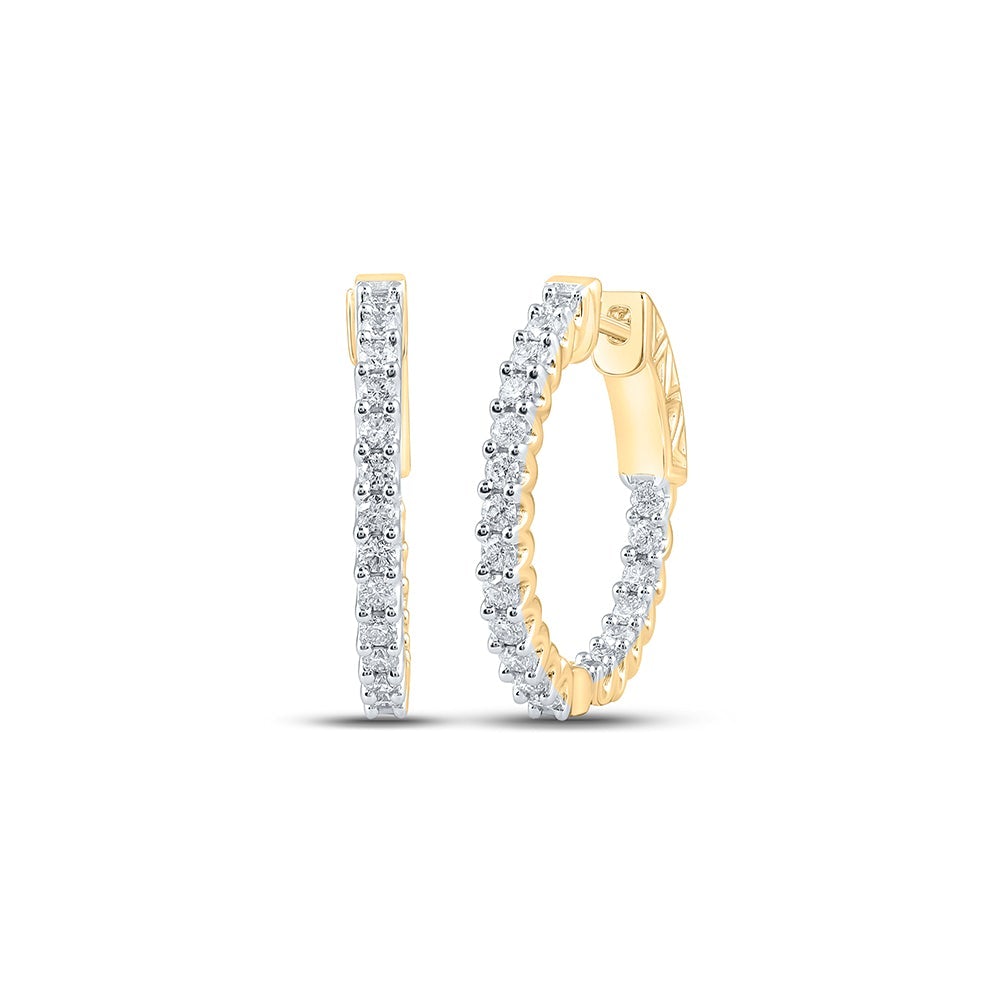 10kt Yellow Gold Womens Round Diamond Inside Outside Hoop Earrings 1 Cttw