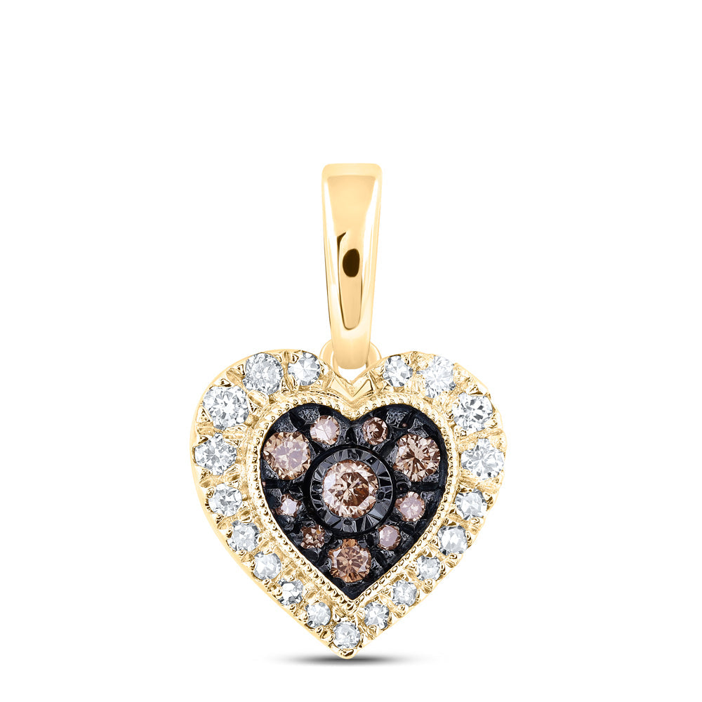 10kt Yellow Gold Womens Round Brown Diamond Heart Pendant 1/4 Cttw