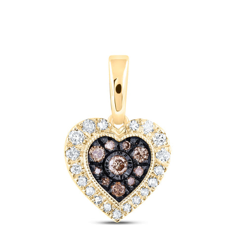 10kt Yellow Gold Womens Round Brown Diamond Heart Pendant 1/4 Cttw