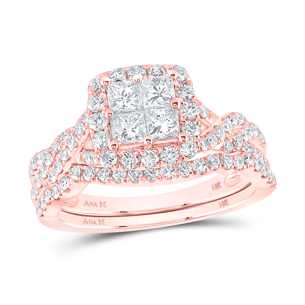 14kt Rose Gold Princess Diamond Bridal Wedding Ring Band Set 1-1/2 Cttw