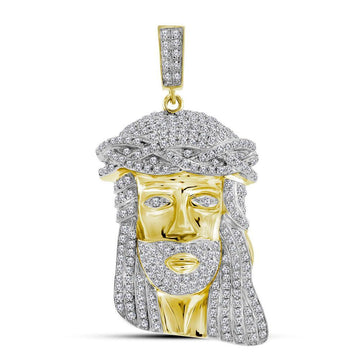 10kt Yellow Gold Mens Round Diamond Jesus Face Charm Pendant 1-1/4 Cttw