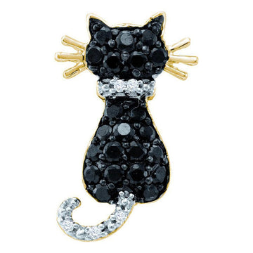 10kt Yellow Gold Womens Round Black Color Enhanced Diamond Kitty Cat Feline Pendant 1/3 Cttw