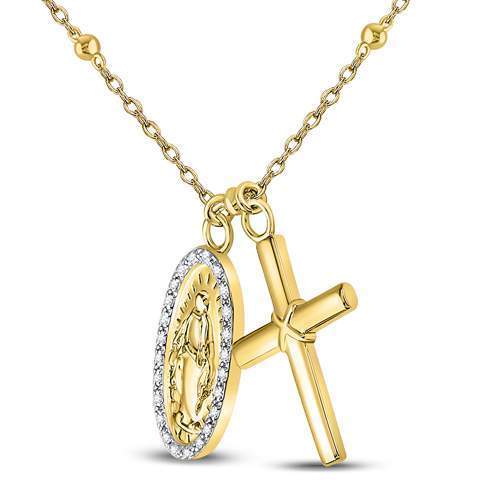 Yellow-tone Sterling Silver Womens Round Diamond Rosary Cross Necklace 1/10 Cttw