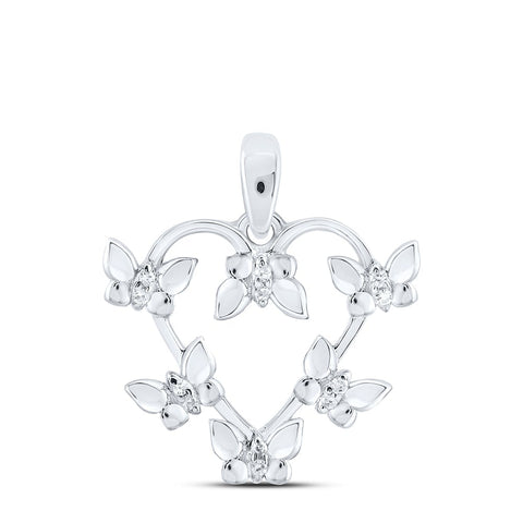 Sterling Silver Womens Round Diamond Butterfly Heart Pendant 1/20 Cttw