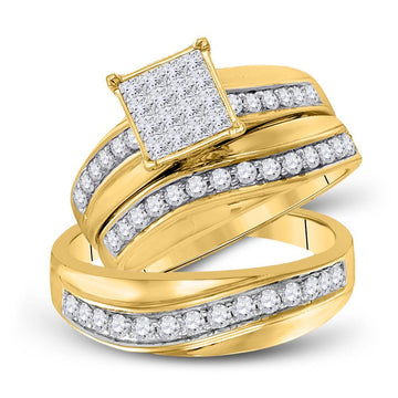 14kt Yellow Gold His Hers Princess Diamond Square Matching Bridal Wedding Ring Set 1 Cttw