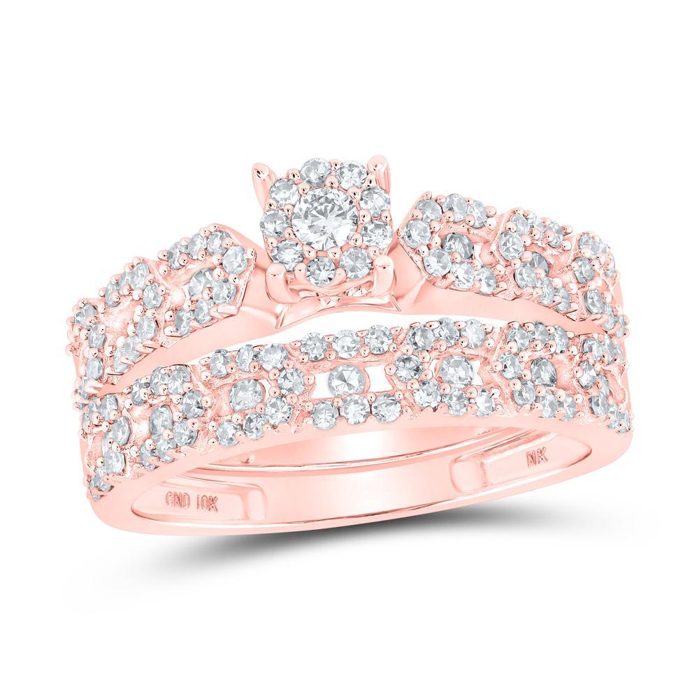 10kt Rose Gold His Hers Round Diamond Cluster Matching Wedding Set 1-3/8 Cttw