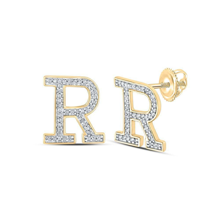10kt Yellow Gold Womens Round Diamond R Initial Letter Earrings 1/6 Cttw