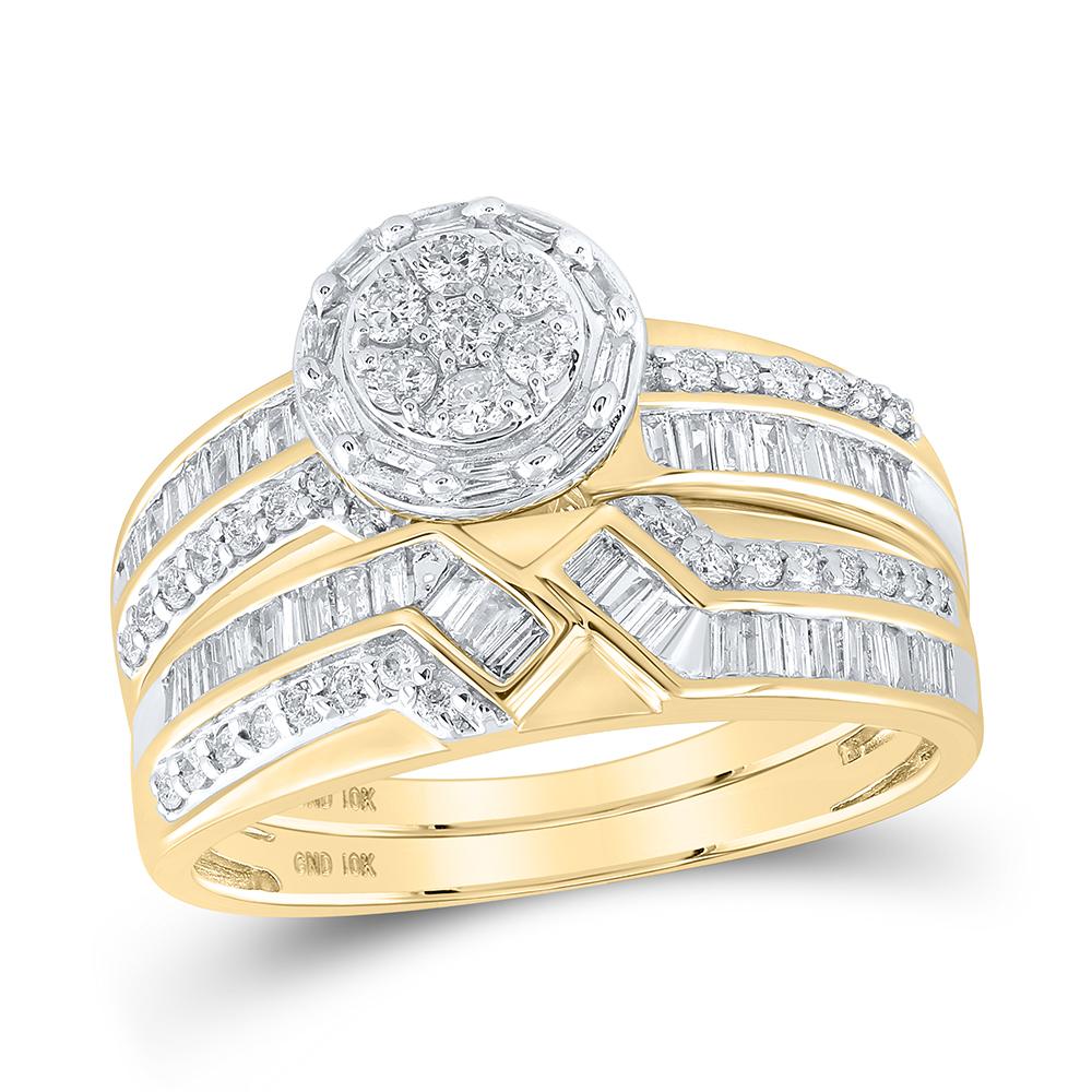 10kt Yellow Gold His Hers Round Diamond Cluster Matching Wedding Set 1 Cttw