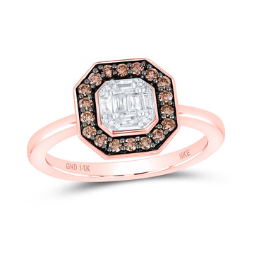 14kt Rose Gold Womens Round Brown Diamond Octagon Ring 1/3 Cttw