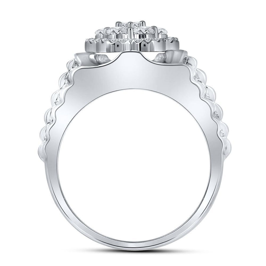 10kt White Gold Mens Round Diamond Scalloped Cluster Ring 1 Cttw