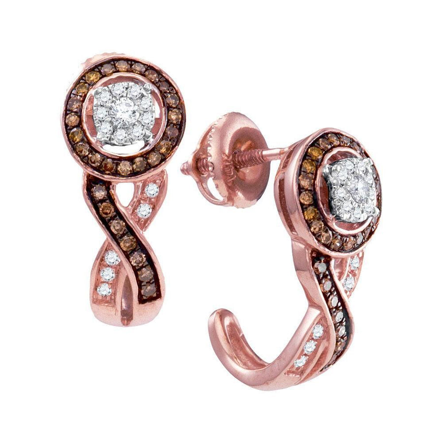 10kt Rose Gold Womens Round Brown Diamond Cluster J Hoop Earrings 3/8 Cttw