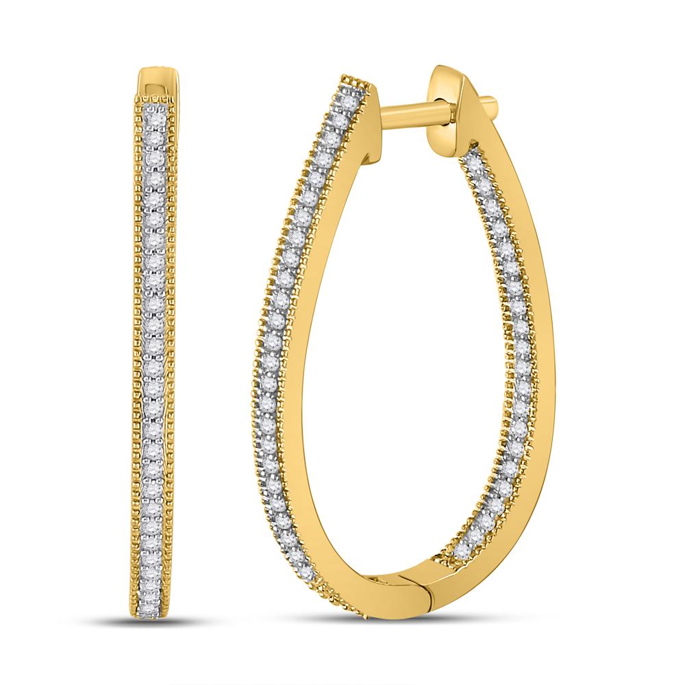 10kt Yellow Gold Womens Round Diamond Oblong Hoop Earrings 1/3 Cttw