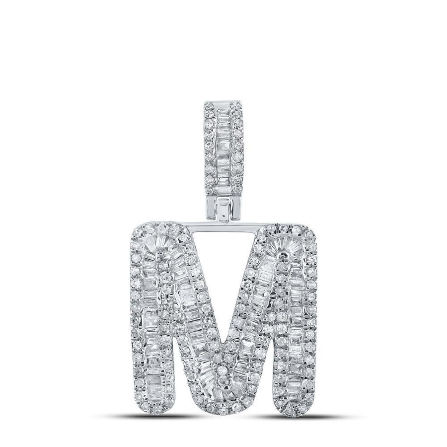 10kt White Gold Mens Baguette Diamond M Initial Letter Pendant 3/4 Cttw