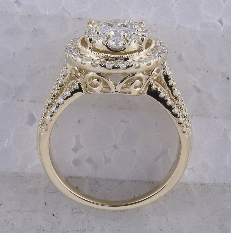 14kt Yellow Gold Round Diamond Cluster Oval Bridal Wedding Engagement Ring 1-1/2 Cttw