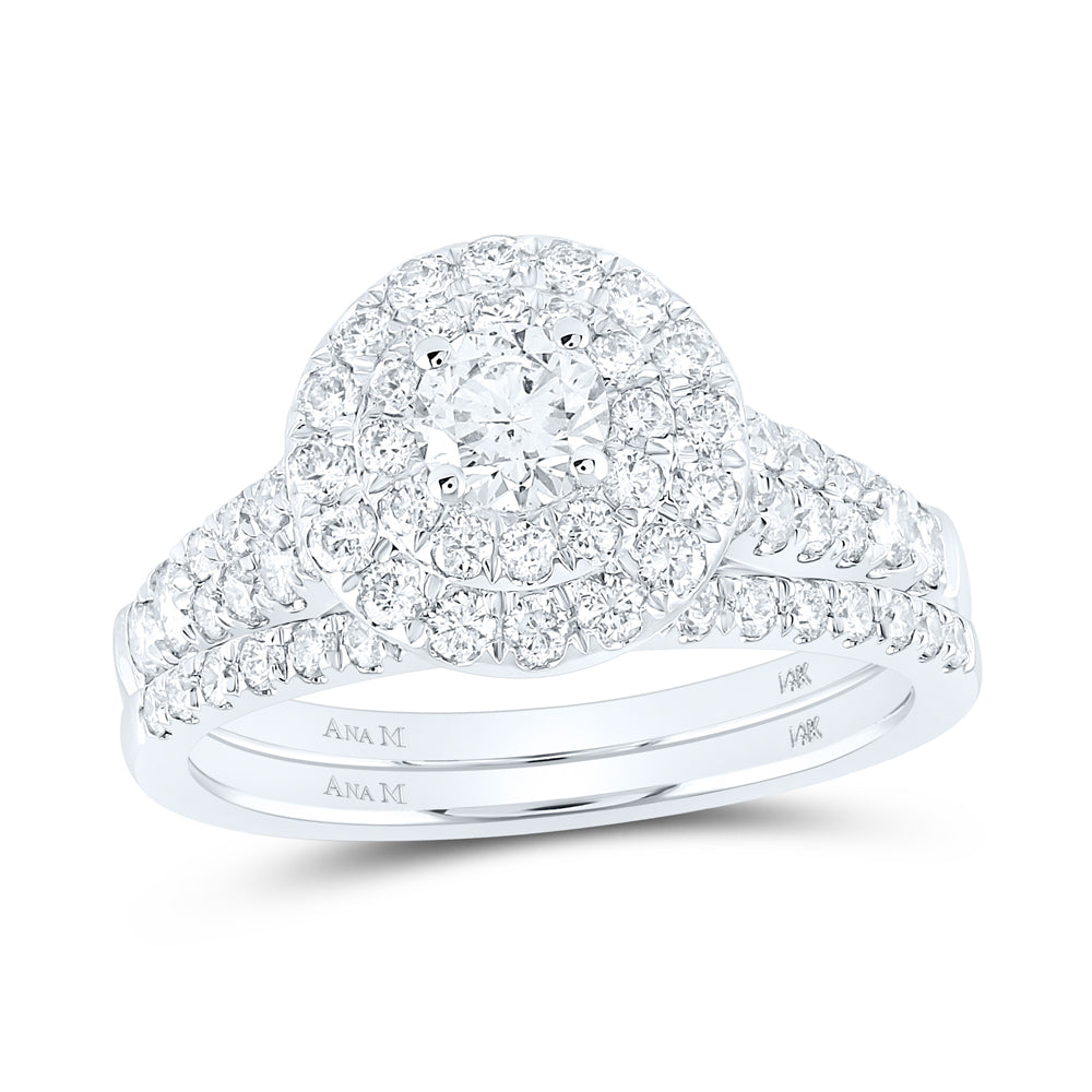 14kt White Gold Round Diamond Halo Bridal Wedding Ring Band Set 1-1/2 Cttw