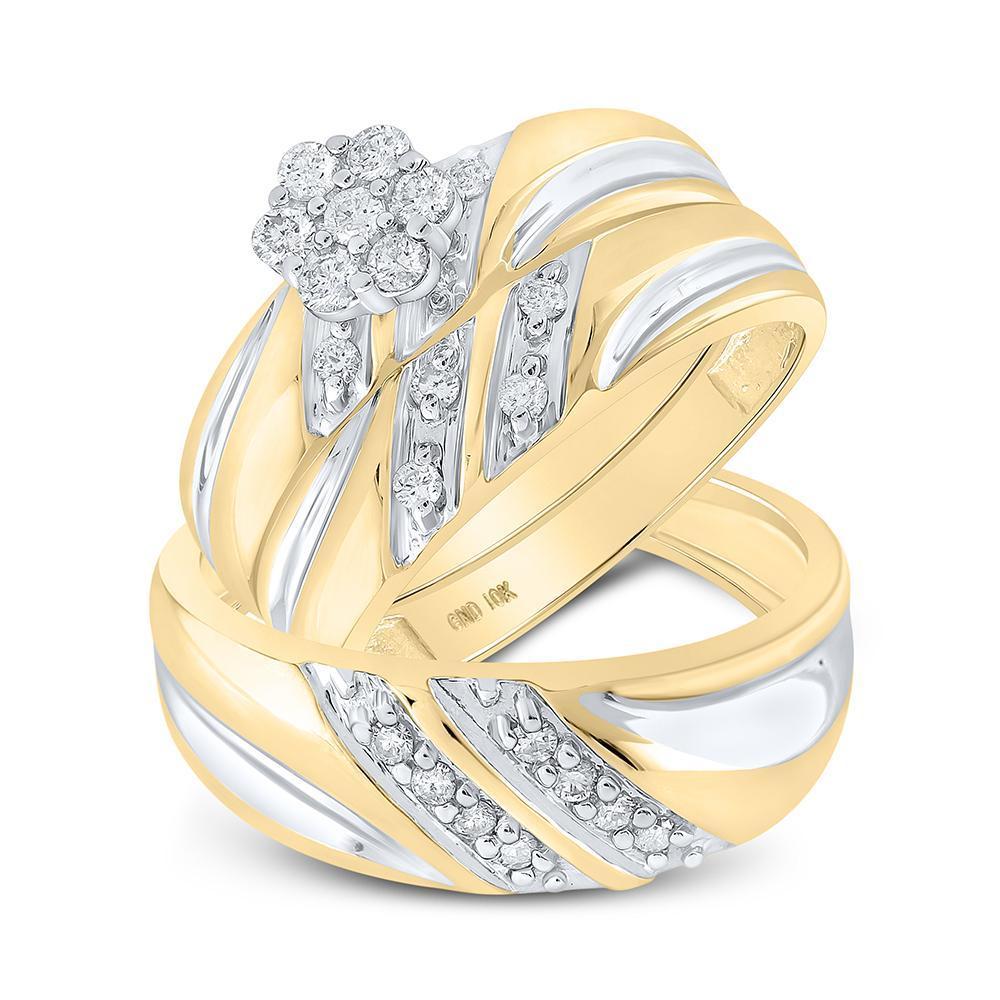 10kt Yellow Gold His Hers Round Diamond Cluster Matching Wedding Set 3/8 Cttw