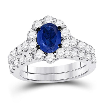 14kt White Gold Womens Oval Blue Sapphire Solitaire Bridal Wedding Ring Band Set 2-7/8 Cttw