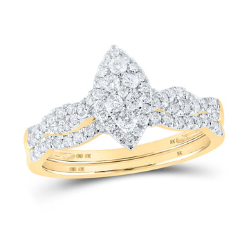 10kt Yellow Gold Round Diamond Marquise-shape Cluster Bridal Wedding Ring Band Set 1/2 Cttw