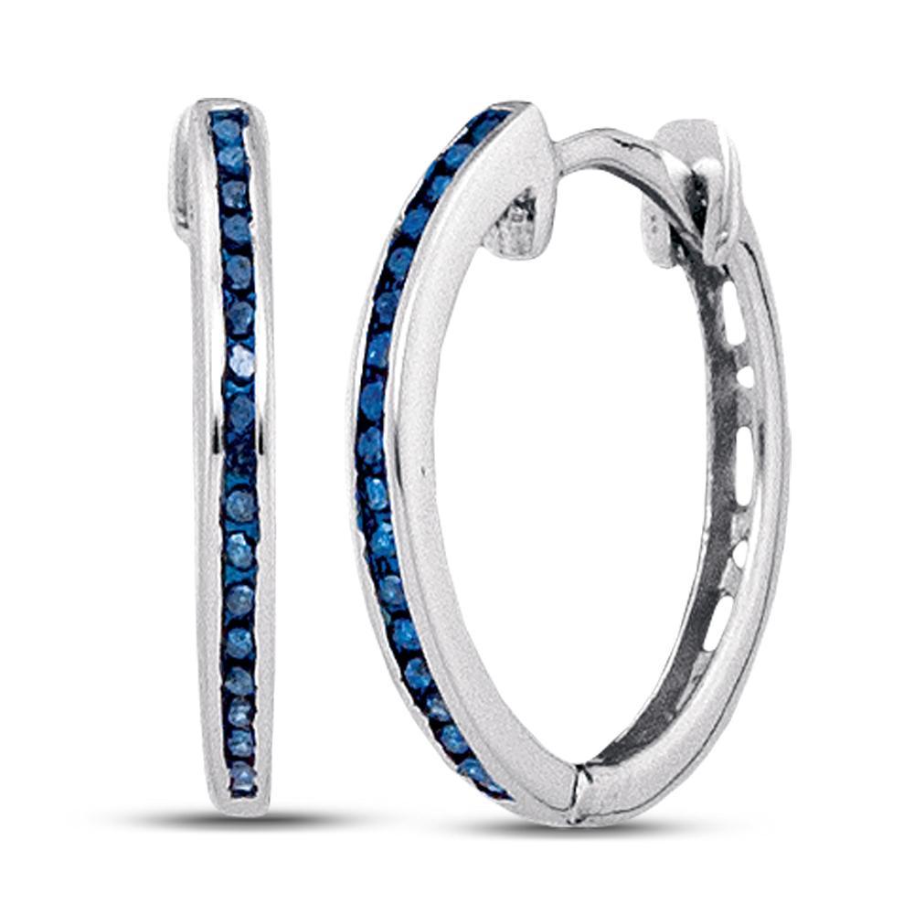 10k White Gold Blue Color Enhanced Round Diamond Womens Slender Hoop Earrings 1/10 Cttw