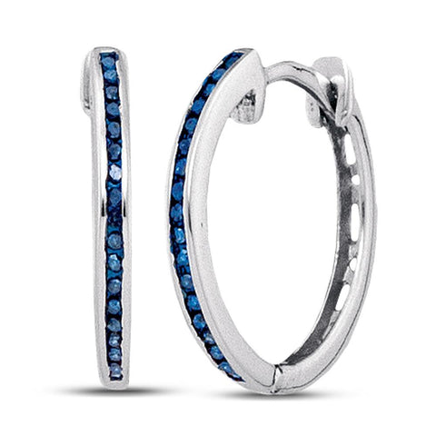 10k White Gold Blue Color Enhanced Round Diamond Womens Slender Hoop Earrings 1/10 Cttw