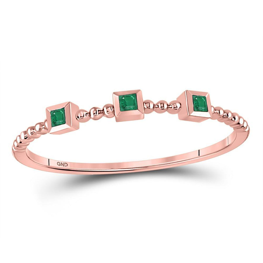 10kt Rose Gold Womens Princess Emerald Beaded 3-stone Stackable Band Ring .03 Cttw